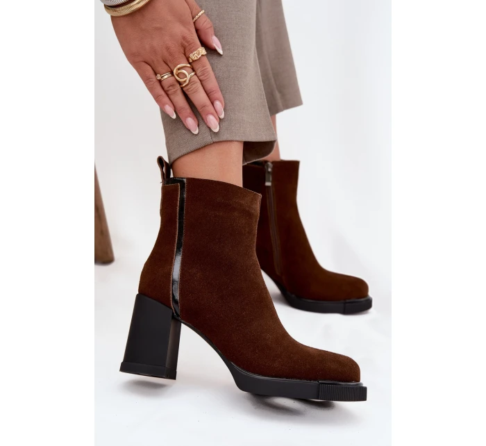 Botki Damskie Z Naturalnego Zamszu Na Słupku Ocieplane Vinceza 91141 Brązowe