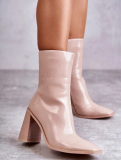 Damskie Lakierowane Botki Kozaki Beżowe Margit