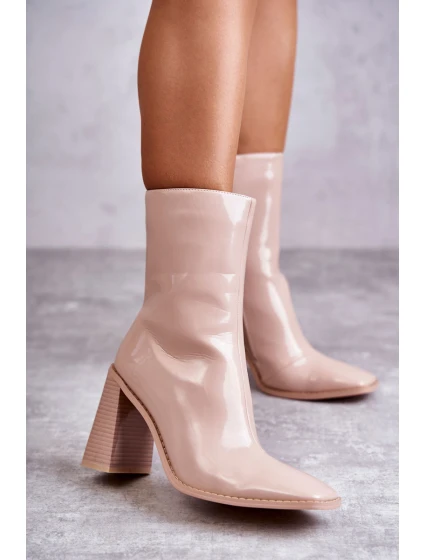 Damskie Lakierowane Botki Kozaki Beżowe Margit