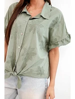 Dámská bavlněná košile model 22207089 s květinovou výšivkou khaki - K-Fashion