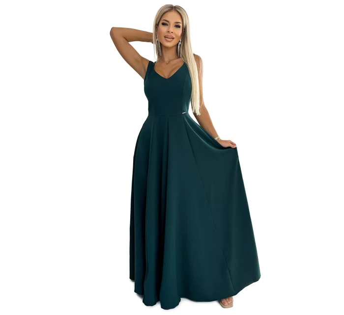 246-5 CINDY dlhé elegantné šaty s výstrihom - ZELENÉ