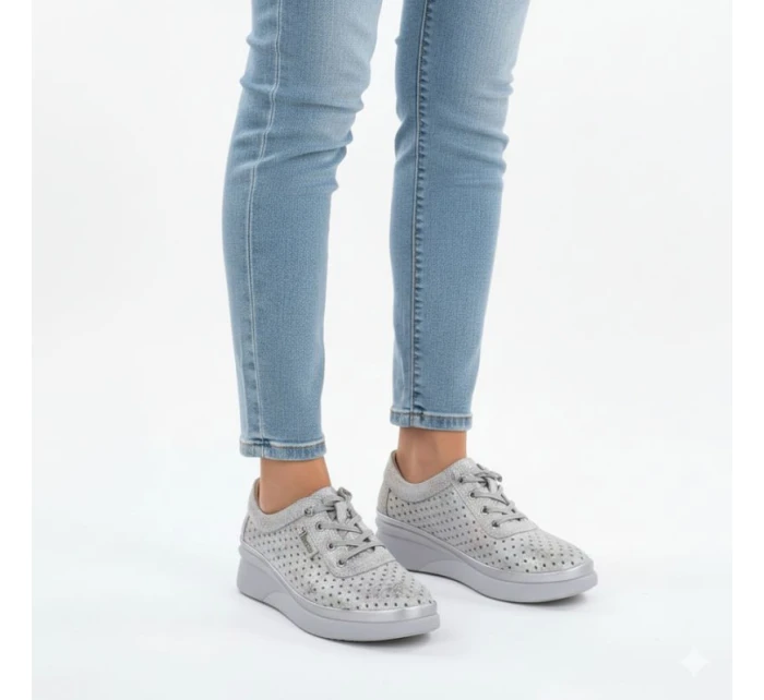 Dámské kožené polobotky na podpatku šedé model 22021895 - VINCEZA