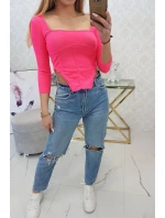 Blúzka s rebrovaným výstrihom ružová neónová
