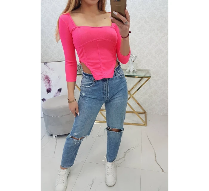 Blúzka s rebrovaným výstrihom ružová neónová