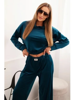 Dámská souprava z veluru s širokými nohavicemi a mikinou s kapucí chabrová