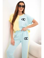 Dámsky maslový set s oversize mikinou a širokými nohavicami žltá + mentolová