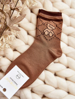 Hnedé vzorované dámske ponožky s medvedíkom