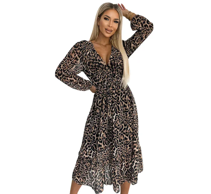 WILD  dámské šifonové šaty s výstřihem, páskem a s panteřím vzorem model 21935865 - numoco basic