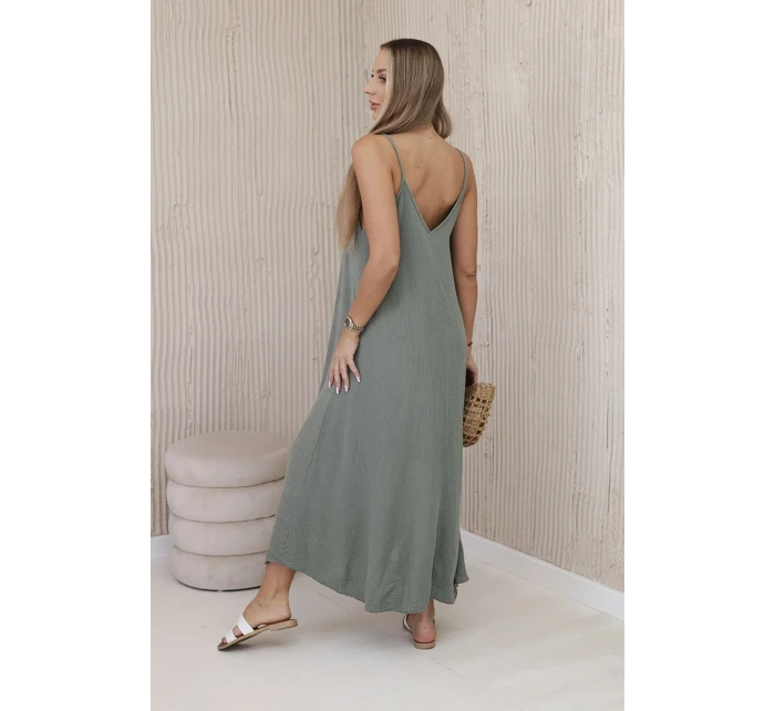 Mušelínové khaki šaty bez ramienok