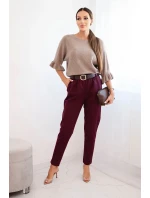 Dámské viskózové kalhoty s páskem a model 21407253 nohavicemi bordové - K-Fashion