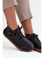 Skórzane Półbuty Barefoot Damskie Z Ozdobnym Detalem Zazoo 30072 Czarne