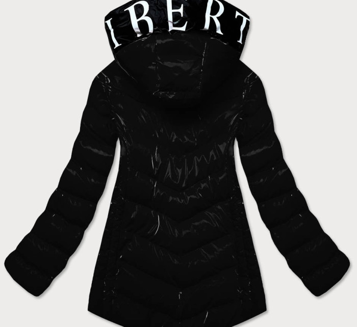 Lesklá čierna dámska bunda s ozdobnou podšívkou (XW810X)