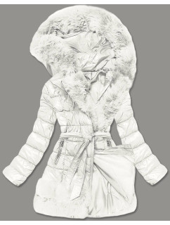 Prešívaná dámska zimná bunda v ecru farbe obšitá kožušinou (1209)
