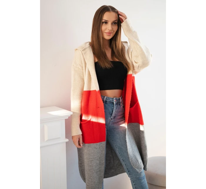 Pruhovaný sveter s kapucňou béžová+červená+sivá