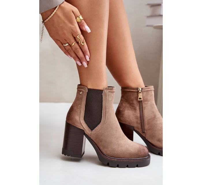 Ocieplane Botki Damskie Na Słupku Z Eko Zamszu Vinceza 58356 Beżowe