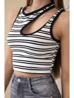 Dámsky rebrovaný pruhovaný top bez rukávov s prieramkami čierny