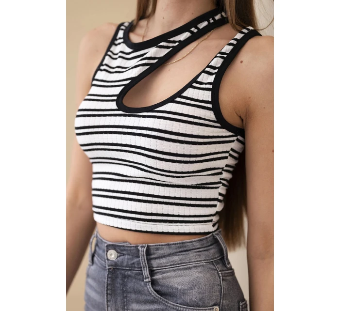 Dámsky rebrovaný pruhovaný top bez rukávov s prieramkami čierny