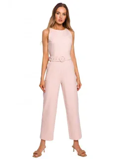 M679 Overal bez rukávov s opaskom a sponou - cukrovo ružový
