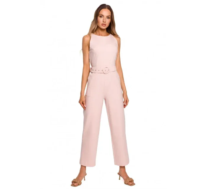M679 Overal bez rukávov s opaskom a sponou - cukrovo ružový