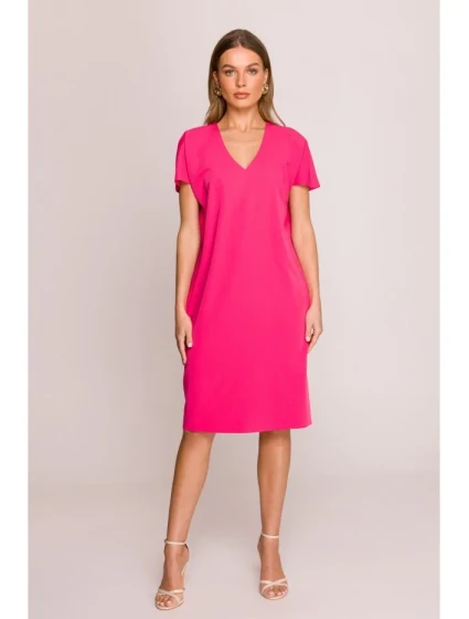 model 20966038 Šaty uvolněného střihu s výstřihem do V růžové - STYLOVE