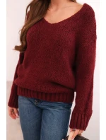 Dámsky vlnený sveter s výstrihom do V, bordová farba