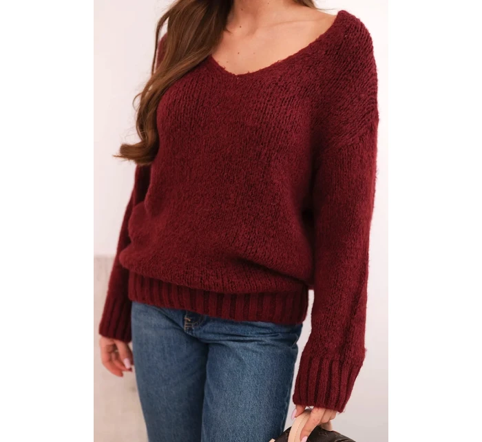 Dámsky vlnený sveter s výstrihom do V, bordová farba