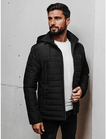 Pánska prechodná prešívaná bunda s kapucňou čierna FashionStreet TX5007 Pánska prechodná prešívaná bunda s kapucňou čierna FashionStreet TX5007