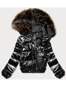 Čierna lesklá dámska bunda s kapucňou (739ART)
