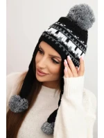 Dámska zimná vlnená čiapka s ušami a bambuľkami K436 black + graphite Dámska zimná vlnená čiapka s ušami a bambuľkami K436 black + graphite