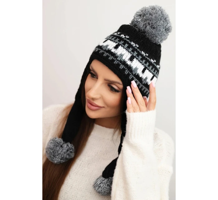 Dámska zimná vlnená čiapka s ušami a bambuľkami K436 black + graphite Dámska zimná vlnená čiapka s ušami a bambuľkami K436 black + graphite