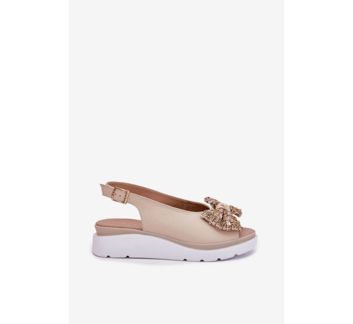 Skórzane Sandały Damskie Na Koturnie Z Kokardą Zazoo 1882 Beżowe