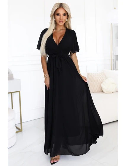 Dlouhé šaty se výstřihem a vázáním ČERNÁ model 21230934 - numoco basic Dlouhé šaty se výstřihem a vázáním ČERNÁ model 21230934 - numoco basic