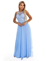 672-1 Romantické svadobné maxi šaty s vyšívanou čipkou a tylom - modré 672-1 Romantické svadobné maxi šaty s vyšívanou čipkou a tylom - modré