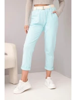 Dámske bavlnené nohavice s opaskom a ohrnutou nohavicou mätou