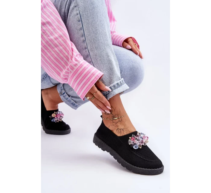 Dámske tenisky Slip-on s kameňmi Black Simple