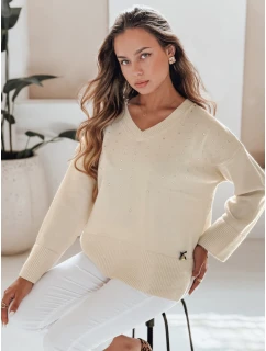 Dámský svetr s výstřihem do V ecru Dstreet model 21991002 - FashionStreet