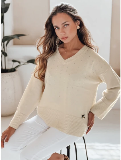 Dámský svetr s výstřihem do V ecru Dstreet model 21991002 - FashionStreet