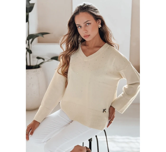 Dámský svetr s výstřihem do V ecru Dstreet model 21991002 - FashionStreet
