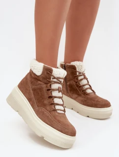 Semišové dámské sněhule s kožíškem na platformě model 21708320 Camel - VINCEZA