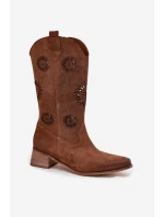 Ażurowe Kozaki Damskie Z Naturalnego Zamszu Na Klocku Zazoo 3793 Brązowe