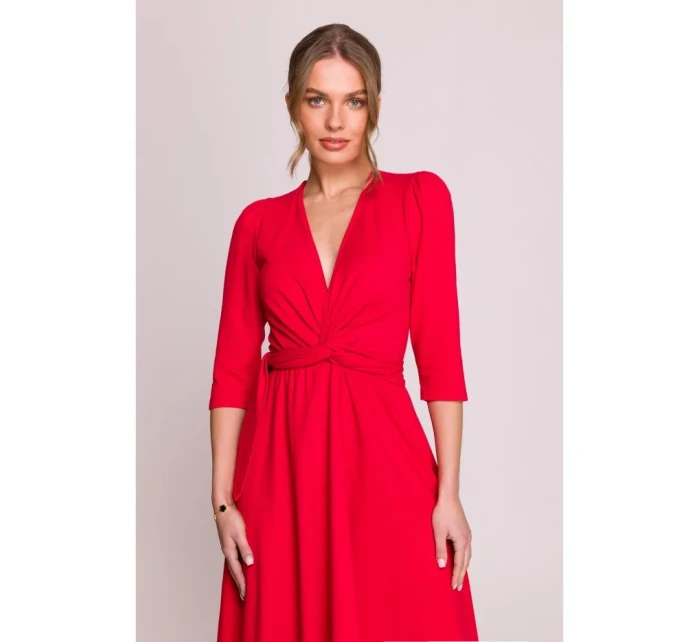 S404 Pletené šaty s opaskom na zaväzovanie - červené S404 Pletené šaty s opaskom na zaväzovanie - červené