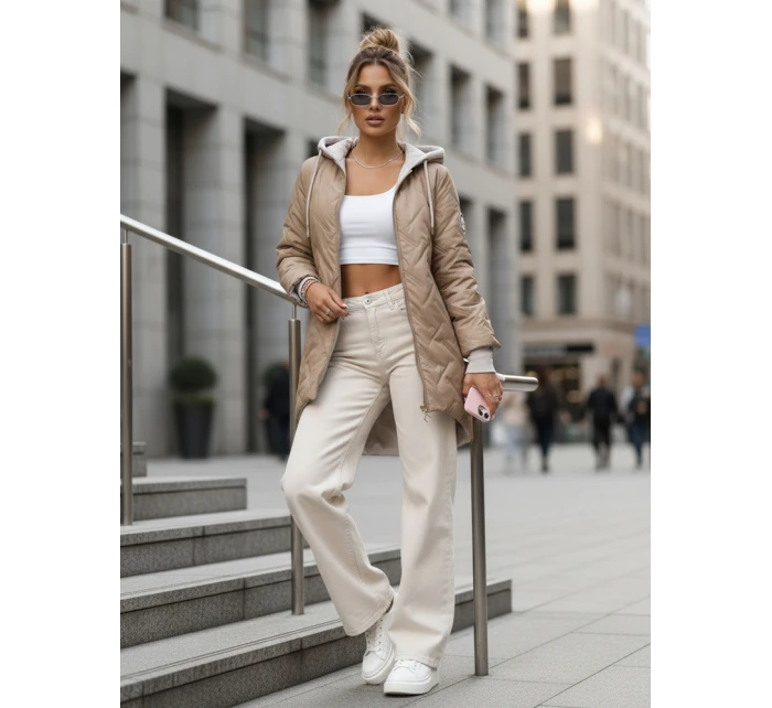 Dámska prechodná prešívaná bunda s predĺženým strihom béžová TY5612