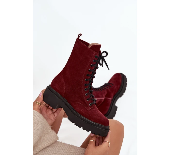 Botki Workery Damskie Z Naturalnego Zamsz Ocieplane Zazoo 4213 Bordowe