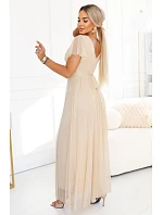 635-9 MELANIA dlhé trblietavé svadobné šaty s výstrihom a krátkymi rukávmi - béžové 635-9 MELANIA dlhé trblietavé svadobné šaty s výstrihom a krátkymi rukávmi - béžové