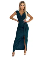 451-1 Trblietavé šaty s krátkymi rukávmi, výstrihom a rozparkom na nohách - BUTTER GREEN 451-1 Trblietavé šaty s krátkymi rukávmi, výstrihom a rozparkom na nohách - BUTTER GREEN