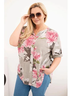 Plus size dámska bavlnená blúzka s véčkovým výstrihom s kvetinovým vzorom fango