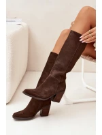 Semišové Kozačky Na Podpatku Zip Čokoládové model 21705071 - Boto