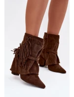 Dámské kotníkové boty na podpatku s třásněmi a zlatými sponami hnědé Evelisse Botki Damskie Dámské kotníkové boty na podpatku s třásněmi a zlatými sponami hnědé Evelisse Botki Damskie