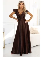 411-15 CRYSTAL saténové dlhé šaty s výstrihom - čokoládové