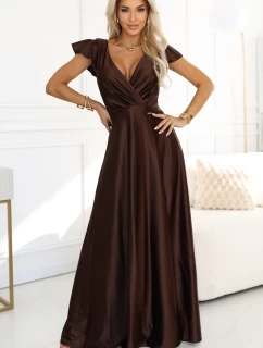 411-15 CRYSTAL saténové dlhé šaty s výstrihom - čokoládové